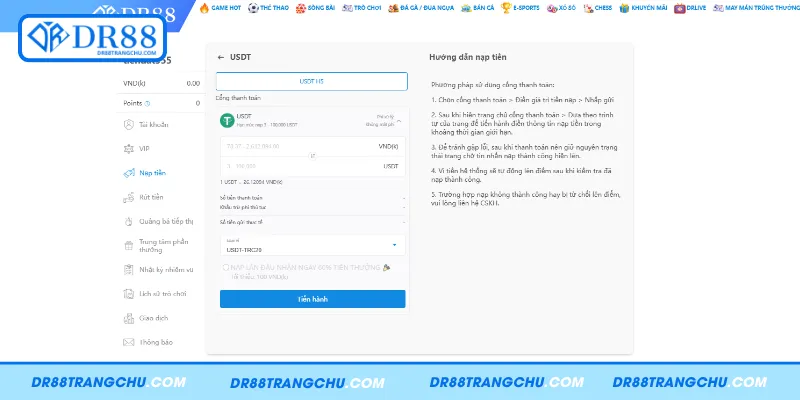 Cách nạp tiền DR88 bằng đồng tiền mã hóa USDT